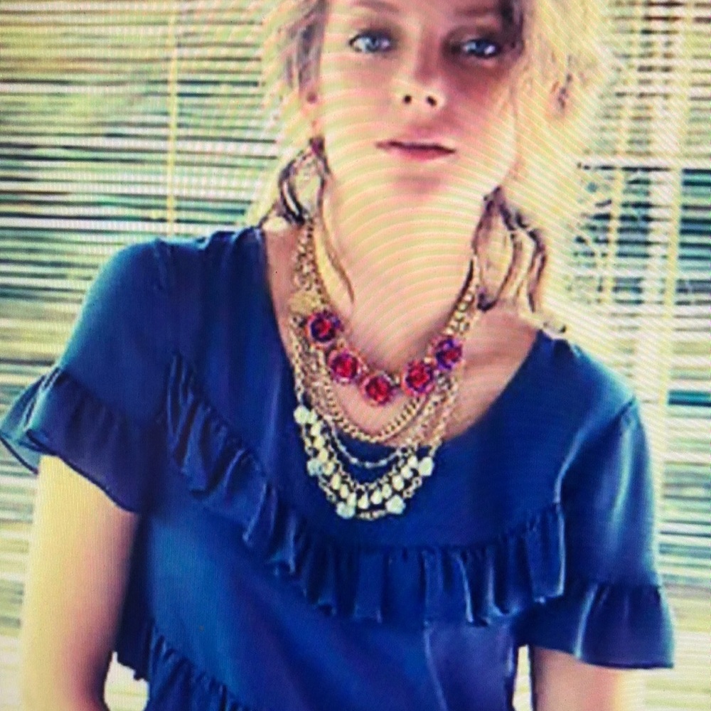 Blue Ruffled Top with Statement Necklace